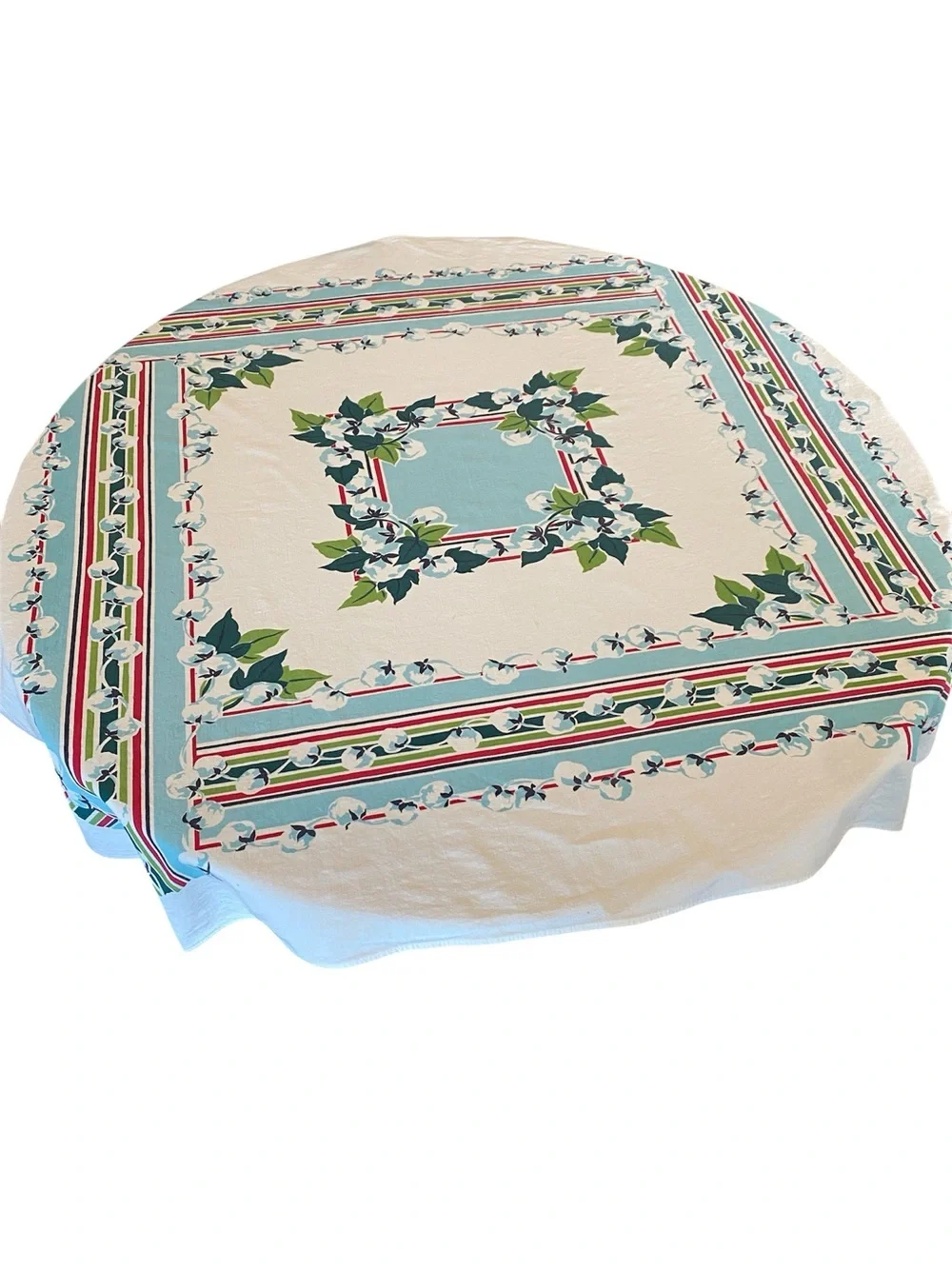 VINTAGE 1940s/50s Cotton Tablecloth - Blue Floral Border approx 47x52 - Picture 6 of 8